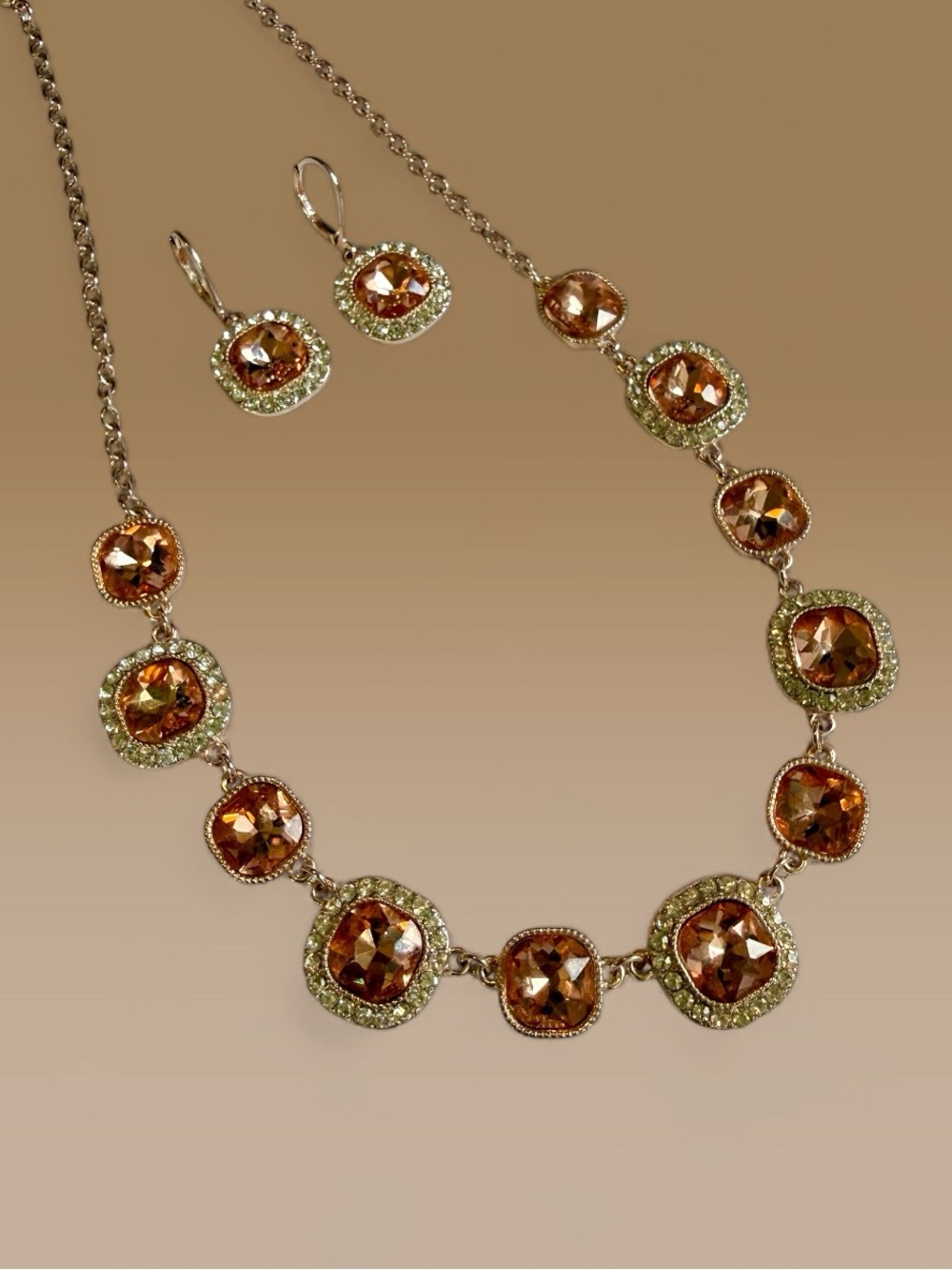 Monet Champagne Peach Crystal Cushion Cut Necklace & Earrings Gold Tone Chain